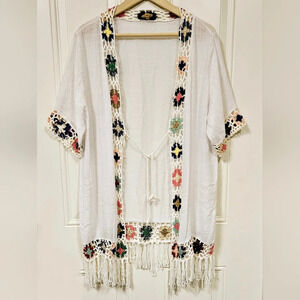 Boho Crochet Embroidery Muticolor White Fringe Tassel Kimono Cardigan size S-M